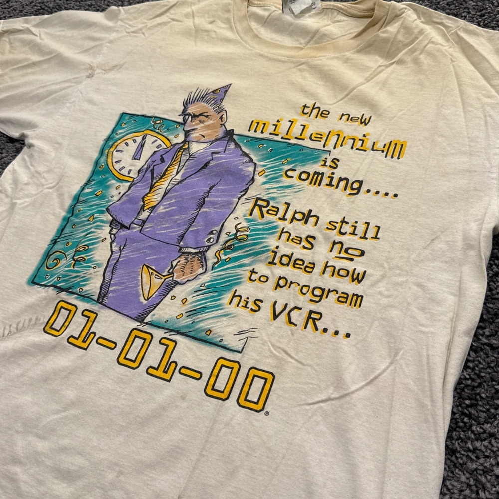 Vintage Lee Sport Millennium VCR T-Shirt Mens White Fair Y2K Graphic XL